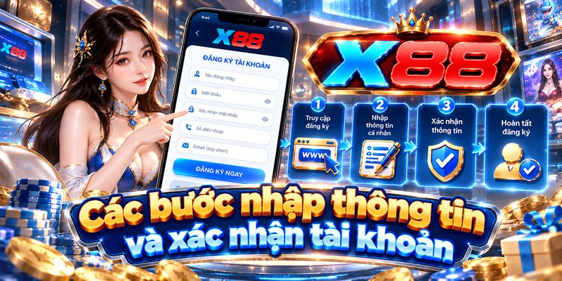 Minh họa các bước nhập thông tin và xác nhận tài khoản để đăng ký X88 trực tuyến.